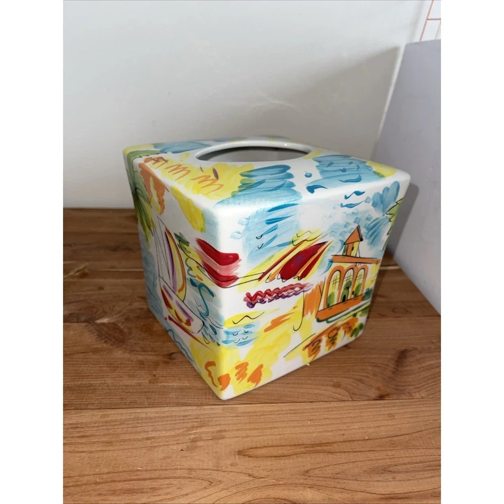 VTG Italian Riviera Ocean Sailing Palm Trees Colorful Ceramic Tissue Holder